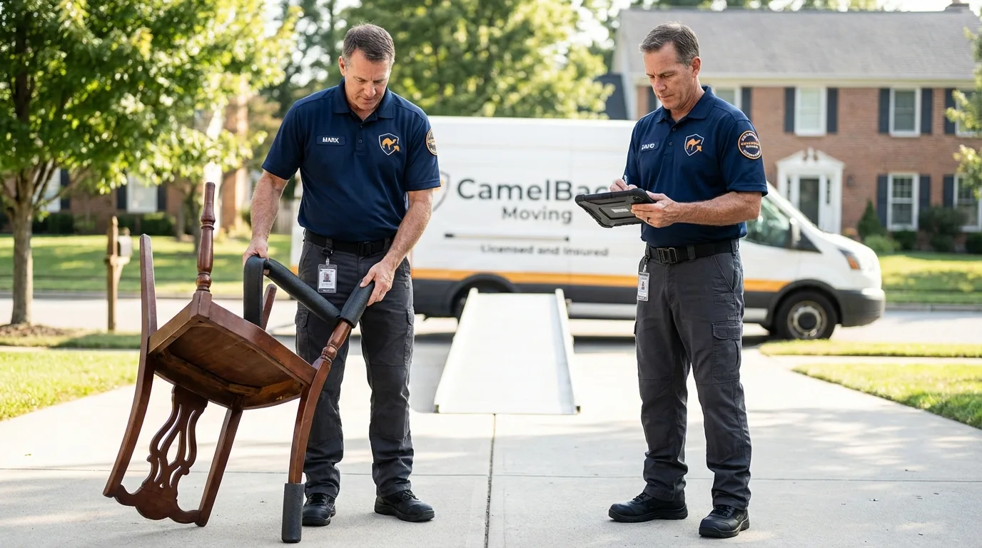 Movers inspecting furniture for damage prevention before loading in Wickenburg, AZ