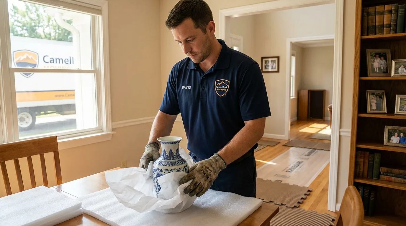 Professional crew carefully wrapping antique vase for senior downsizing move in Wickenburg, AZ